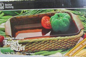 Vintage Anchor Hocking Harvest Amber Basket Buffet 1.5qt Glass Baking Dish N2