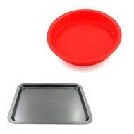 2win2buy L Size Shallow Carbon Steel Biscuit Tray Pizza Bread Loaf Tray Mold + Red Silicone Cake Pan
