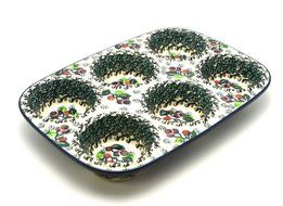 Polish Pottery Muffin Pan - Burgundy Berry Green