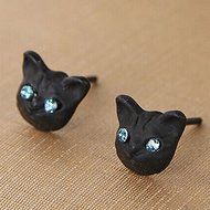 New Women Fashion Black Cat Crystal Rhinestone Ear Studs Earrings Jewelry