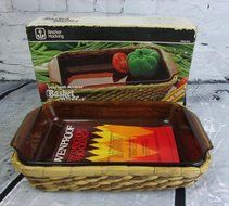 Vintage Anchor Hocking Harvest Amber Basket Buffet 1.5qt Glass Baking Dish N5