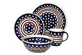 Polish Pottery Stars &amp; Stripes 16 Piece Dinner Set