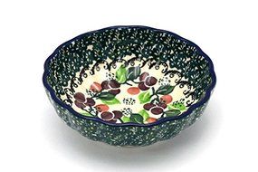 Polish Pottery Bowl - Shallow Scalloped - Small - Burgundy Berry Green