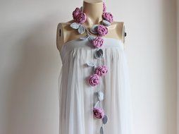 Pink Rose Scarf-Pink and Grey Crochet Necklace-Pink and Grey Lariat Necklace-Rose Lariat Scarf-Rose Necklace N2