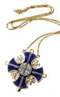 Gold Plated Opens Jerusalem Cross Pendant Necklace Blue Enamel Swarovski Stones