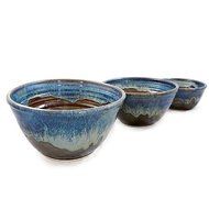 Stoneware Pottery 3-Piece Large Nesting Mixing Bowl Set, Earthy Blue Color