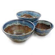 Stoneware Pottery 3-Piece Large Nesting Mixing Bowl Set, Earthy Blue Color N2
