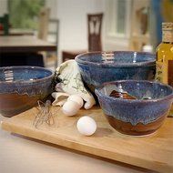 Stoneware Pottery 3-Piece Large Nesting Mixing Bowl Set, Earthy Blue Color N3