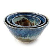 Stoneware Pottery 3-Piece Large Nesting Mixing Bowl Set, Earthy Blue Color N4