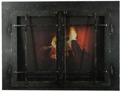 Ironhaus Iron Fireplace Glass Door with Gate Mesh with 4" Frame In Hammered Natural Finish, Mission Design, 3"...