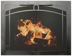 Ironhaus Fireplace Glass Door with Gate Mesh with 2 1/2" Frame In Brushed Grey Finish, Silhoutte Arch Artisan...