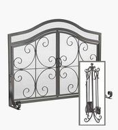 Plow &amp; Hearth Small Crest Fireplace Screen With Doors And Tool Set