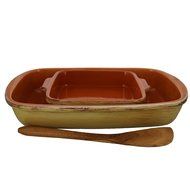 French Home 2 Piece Stoneware Baking Set and 12&quot; Olive Wood Spatula, Saffron Yellow N2
