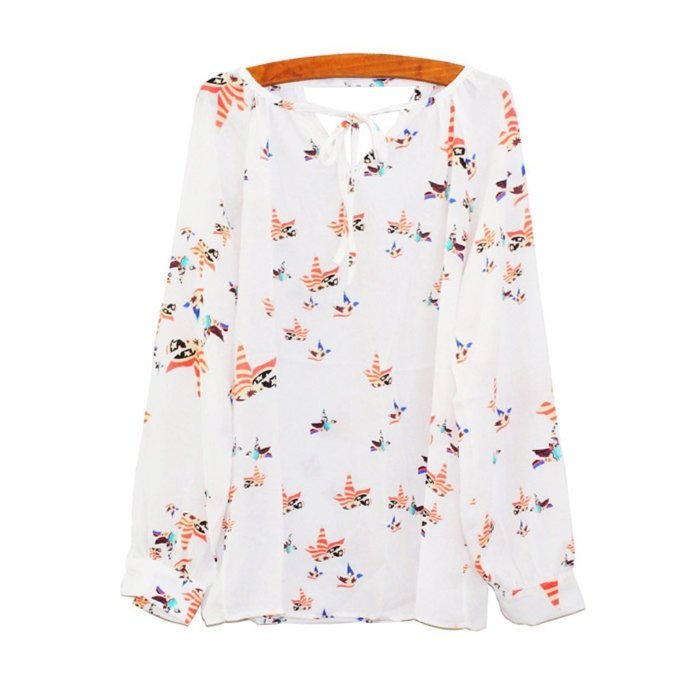 AIMTOPPY Women Summer Casual Floral Printed Long Sleeve Tether Blouse Chiffon T-Shirt (S, White) N2