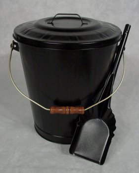 Fireplace Hearth Ash Coal Hod Bin Bucket Carrier, Lid, & Shovel Set - BLACK N2