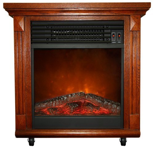 Compact Cherry Oak Electric Fireplace With Caster Wheels