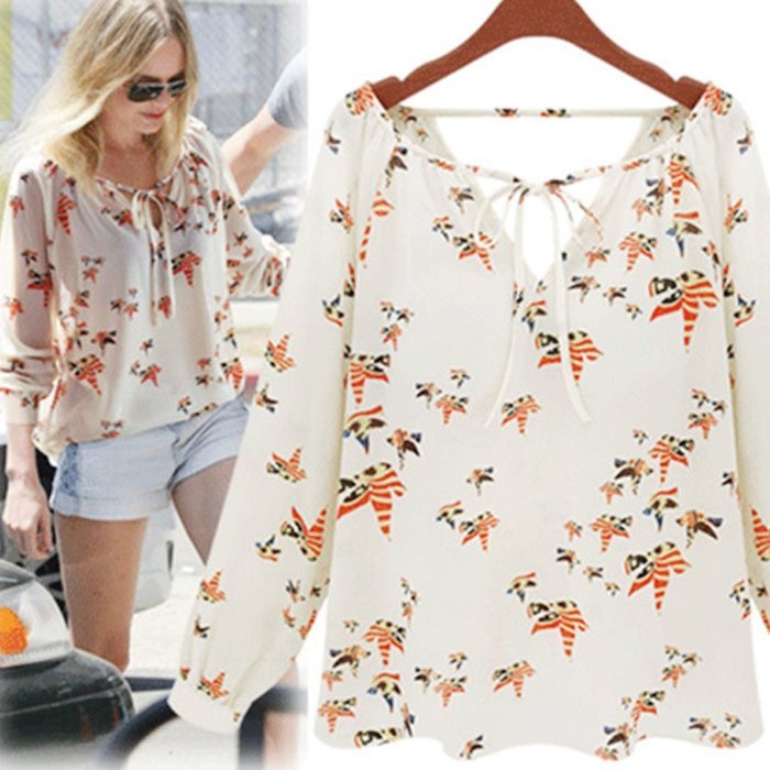 AIMTOPPY Women Summer Casual Floral Printed Long Sleeve Tether Blouse Chiffon T-Shirt (S, White) N3