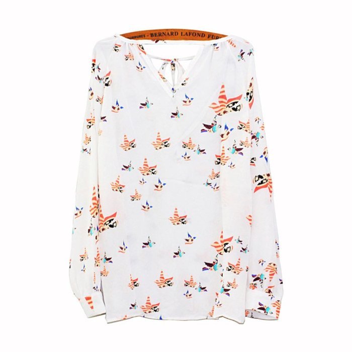 AIMTOPPY Women Summer Casual Floral Printed Long Sleeve Tether Blouse Chiffon T-Shirt (S, White) N4