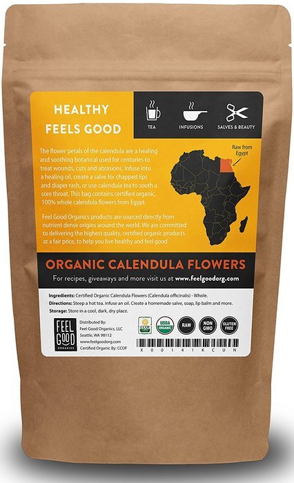 Organic Calendula Flowers - Whole - 16oz Resealable Bag (1lb) - 100% Raw From Egypt - by Feel Good Organics