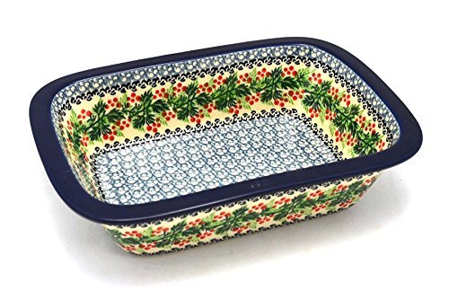 Polish Pottery Baker - Rectangular with Grip Lip - Holly Berry