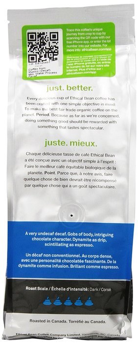 Ethical Bean Coffee Decaf, Dark Roast, Whole Bean, 12-Ounce Bag N9