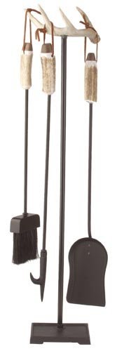 Antler fireplace set w/metal base/Bristle Brush. Real Deer antler top 34" Tall, Tools 26" long.
