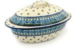 Polish Pottery Baker with Cover 16-inch Blue Poppy Chain N3
