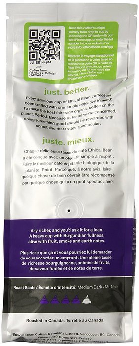 Ethical Bean Coffee Decaf, Dark Roast, Whole Bean, 12-Ounce Bag N30