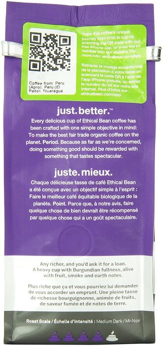Ethical Bean Coffee Decaf, Dark Roast, Whole Bean, 12-Ounce Bag N36