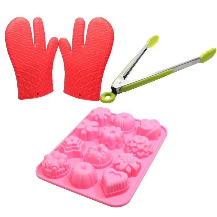 Food Grade Silicone Bakeware Set - Sugarcraft Silicone Mold, Silicone Kitchen Gloves & Silicone Locking Tongs...