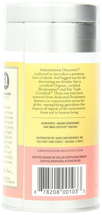 Ambassador Organics Biodynamic Egyptian Hibiscus Tea, 15 Count, 1.45 Ounce Tin