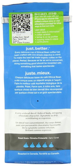 Ethical Bean Coffee Decaf, Dark Roast, Whole Bean, 12-Ounce Bag N41