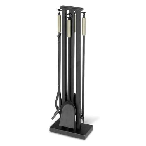 5 Pc Fireplace Set in Matte Black w Brushed Steel Finish Handles