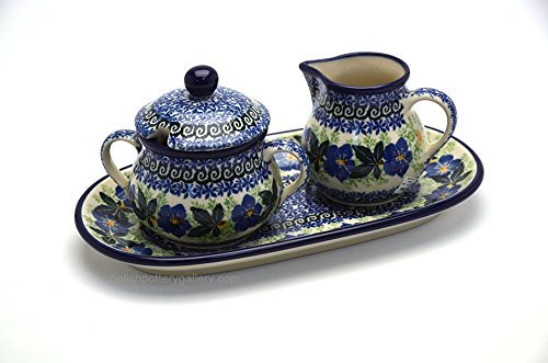Polish Pottery Cream & Sugar Set - Blue Pansy