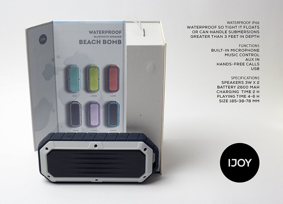 iJoy Beach Bomb IP66 Waterproof Shockproof Portable Bluetooth Speaker With built in Mic Aux-In and 2,000mAh Battery... N6