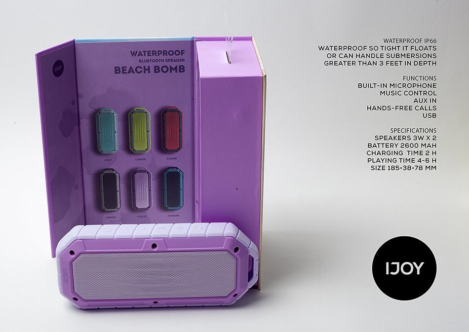 iJoy Beach Bomb IP66 Waterproof Shockproof Portable Bluetooth Speaker With built in Mic Aux-In and 2,000mAh Battery... N8
