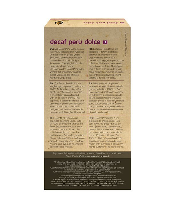Gourmesso Decaf Per&ugrave; Dolce - 30 Nespresso&reg; compatible coffee capsules (30 capsules)