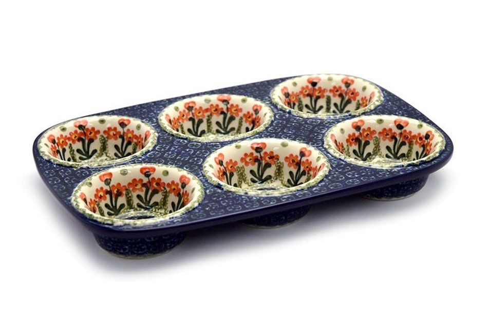 Polish Pottery Muffin Pan - Peach Spring Daisy free image download