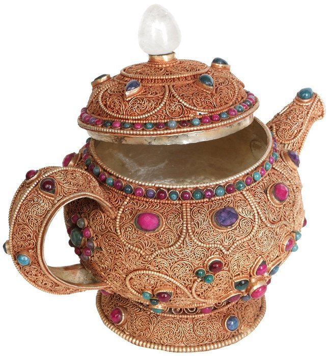 Superfine Filigree Kettle with Lid and Gemstones (Museum Quality) - Copper
