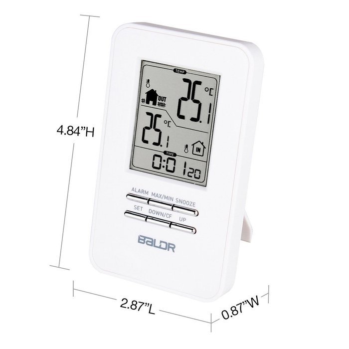 BALDR In/Outdoor Thermometer with Wireless Sensor Big Time Display Alarm and Snooze