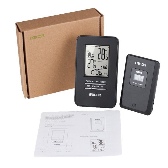 BALDR In/Outdoor Thermometer with Wireless Sensor Big Time Display Alarm and Snooze N2