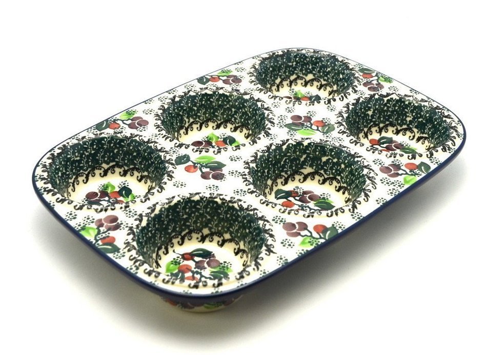 Polish Pottery Muffin Pan - Burgundy Berry Green