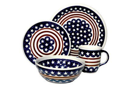 Polish Pottery Stars & Stripes 16 Piece Dinner Set