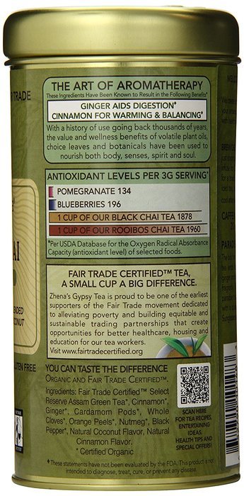 Zhena's Organic Gypsy Tea, Coconut Chai Green Tea, 22 Sachets N3
