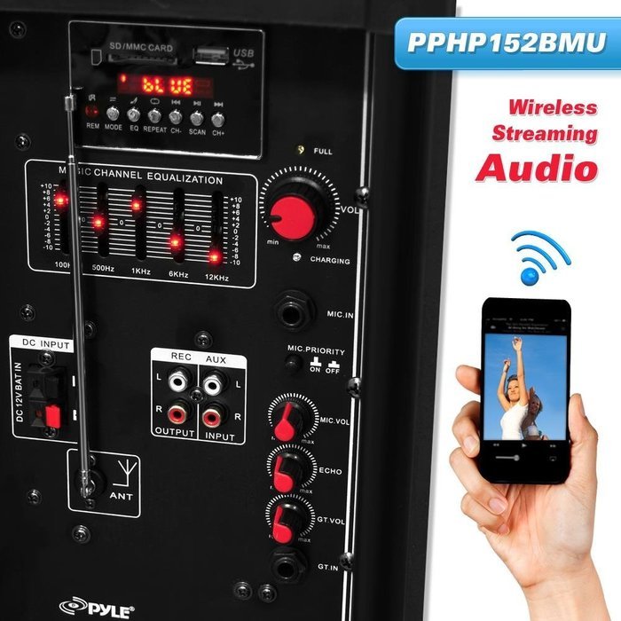 Portable Bluetooth PA Loudspeaker Molded Cabinet Speaker System, 15'' Subwoofer, 5'' Tweeter, USB/SD Card Readers... N2