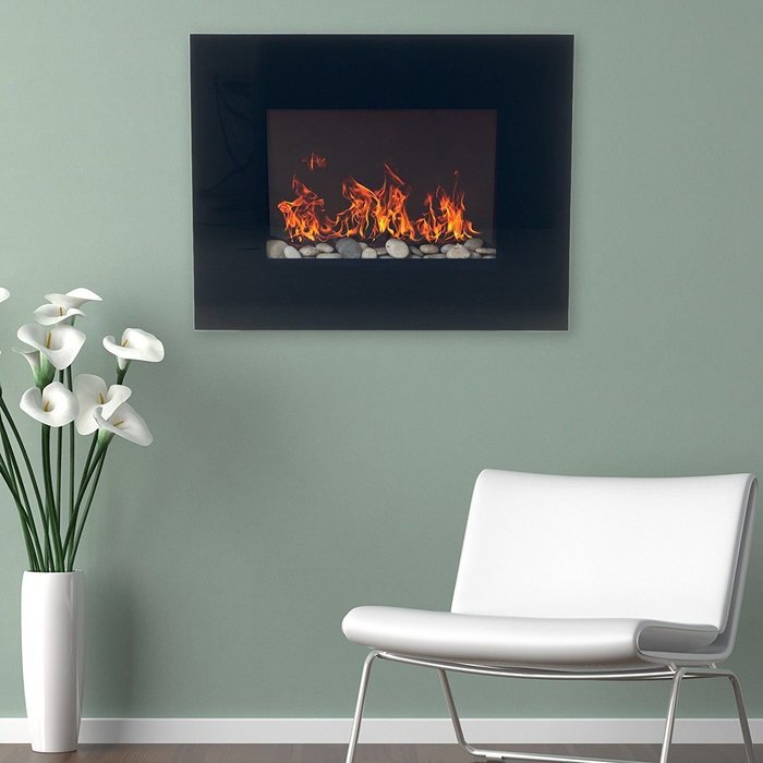 Black Glass Panel Electric Fireplace Wall Mount & Remote 26 x 20 Inch 1500W N3