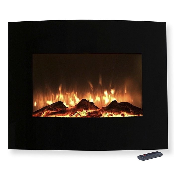 Black Glass Panel Electric Fireplace Wall Mount & Remote 26 x 20 Inch 1500W N6