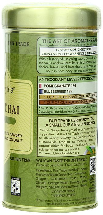 Zhena's Organic Gypsy Tea, Coconut Chai Green Tea, 22 Sachets N4