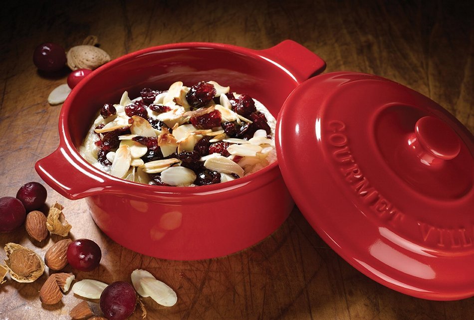 Gourmet Du Village Brie & Camembert Cheese Baker with Handles, Cranberry Red N3