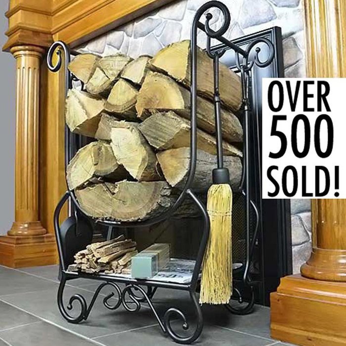 WoodEze HR26216A Scroll Wrought Iron Firewood Rack with Fireplace Tools & Fire Starter Shelf | Black Finish N2